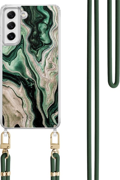 Casimoda® hoesje met koord - Geschikt voor Samsung S21 FE - Groen marmer / Marble - Afneembaar koord - TPU/polycarbonaat - Groen