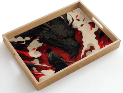 Dienblad hout 50x35 cm - Schootdienblad - Krijger - Draak - Zwart - Rood - Rook - Borrelplank rechthoek - Plateau dienbladen