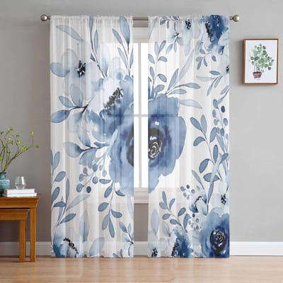 Bloemen Retro Planten Witte Bloemen Slaapkamer Transparante Sheer Gordijnen Vakantie Decoratie Raam Voile Tule Gordijn 135W x 114H(cm)
