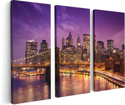 Artaza Canvas Schilderij Drieluik Skyline New York Van Centrum In Het Paars - 120x80 - Foto Op Canvas - Canvas Print