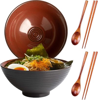 Set van 2 keramische kommen van 1200 ml met eetstokjes en lepels, vintage Japans design, ideaal voor salades, pasta en ontbijtgranen, 20 x 20 x 8,5 cm