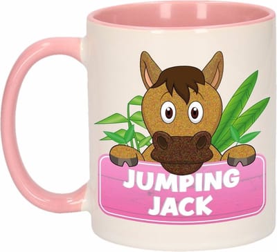 Koffie mok - Jumping Jack paardenprint - roze wit - 300 ml - keramiek - kinder mok