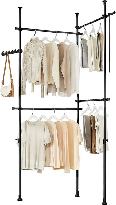 SoBuy Telescopische Kledingrail, Verstelbaar Open Kledingrek met Hangerails en Haken, Zwart, KLS03-II-SCH - B (124–226) x D27 x H (200–295) cm - Voor Slaapkamer & Dressing