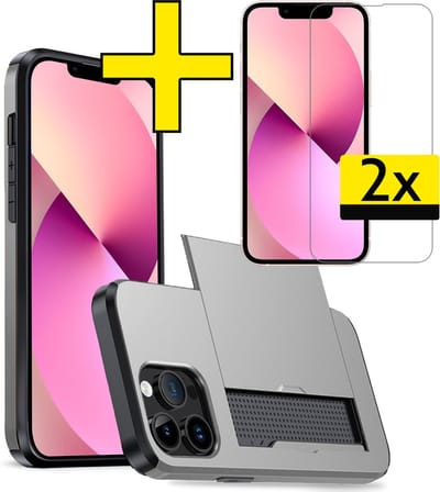 Hoesje Geschikt voor iPhone 14 Pro Hoesje Case Pashouder Hard Cover Met 2x Screenprotector - Hoes Geschikt voor iPhone 14 Pro Hoesje Met Kaarthouder - Grijs