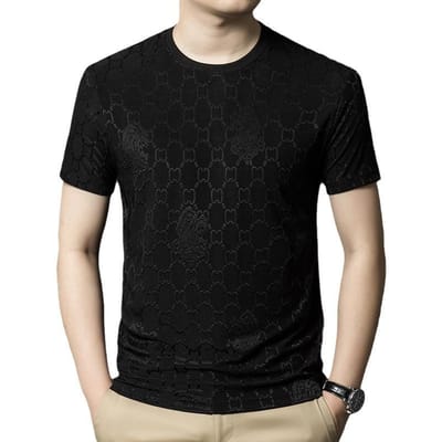 Heren T-shirt met korte mouwen, dunne jacquard van ijzijde, ronde hals, body shirt, trendy basis gebreid shirt voor heren 4XL black