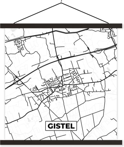 Posterhanger incl. Poster 60x60 cm - Schoolplaat - Plattegrond – Gistel – Zwart Wit – Stadskaart - Kaart - België - Textielposter - Zwarte latten - Stadskaart