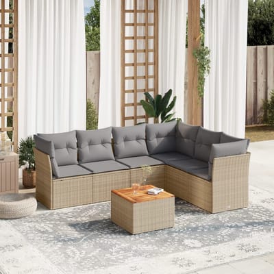 vidaXL - 7-delige - Loungeset - met - kussens - poly - rattan - beige