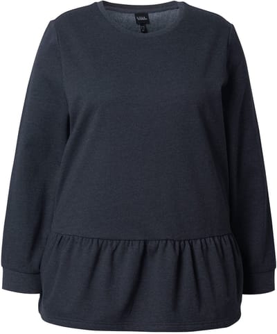 Ulla Popken - Dames - Sweatshirt volantzoom A-lijn ronde hals lange mouwen - Zwart - Maat 46+