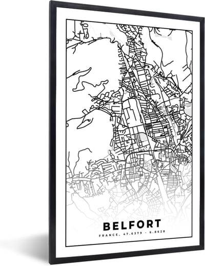 Fotolijst incl. Poster Zwart Wit- Stadskaart - Belfort - Plattegrond - Kaart - Frankrijk - Zwart wit - 40x60 cm - Posterlijst