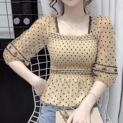 Mesh Steken Golfpunt Blouse Dames Cropped Top Vierkante Hals Chiffon Shirt Elastische Trekkoord Terug Temperament Feeërieke Stijl Zomer L geel