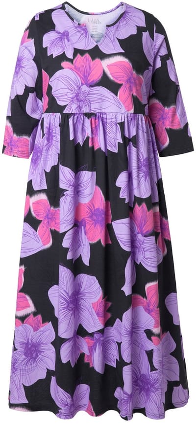 Ulla Popken - Dames - Jersey maxi-jurk bloemen A-lijn 3/4-mouw - Zwart - Maat 54+