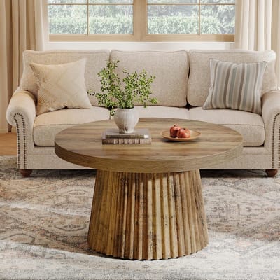 Tribesigns Salontafel - Rond 80CM - Bijzettafel met Gegroefde Trommelbodem en Houtlook - Woonkamertafel - Tafel - Koffietafel - Burin - 80 x 80 x 45 cm