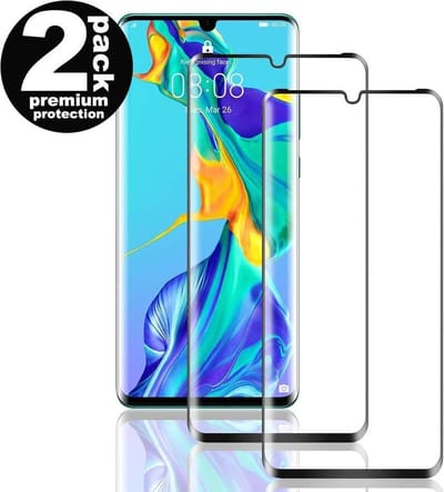 Screenprotector Glas - Full Curved Tempered Glass Screen Protector Geschikt voor: Huawei P30  - 2x