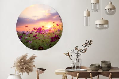WallCircle® Wandcirkel 120x120 cm - Muurcirkel Zonsondergang - Bloemen - Roze - Natuur - Groen - Muurdecoratie woonkamer - Wanddecoratie slaapkamer - Kamer decoratie accessoires - Ronde schilderijen XXL