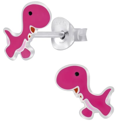 Joy|S - Zilveren dino oorbellen - roze - dinosaurus oorknoppen
