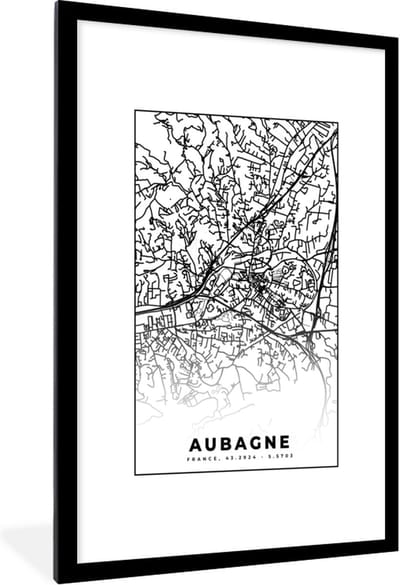 Fotolijst incl. Poster Zwart Wit- Plattegrond - Kaart - Frankrijk - Stadskaart - Aubagne - Zwart wit - 80x120 cm - Posterlijst
