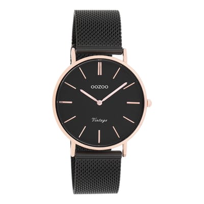 OOZOO Timepieces - Rosé goudkleurige horloge met zwarte metalen mesh armband - C8870