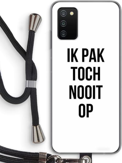 Case Company® - Hoesje met koord geschikt voor Samsung Galaxy A03S hoesje met Koord - Ik pak nooit op - Telefoonhoesje met Zwart Koord - Bescherming aan alle Kanten en Over de Schermrand