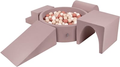 KiddyMoon Schuim speelplaats 4-delig met ballenbad 200 ballen - Foam hindernisbaan tunnel trap - Wasbare hoes - Heide: Pastelbeige Wit