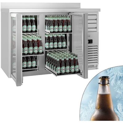 GGM Gastro Bar- & Getränkekühltisch Premium PLUS - SUPERCOOLER - 1475x700mm - mit 2 Glastüren & Aufkantung - Edelstahl