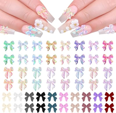 Set van 100 kleurrijke 3D Nageldecoratie met Aurora Strikken, Schattige Hars Nail Art Accessoires en Strass Steentjes voor Creatieve Nagelkunst en Versiering