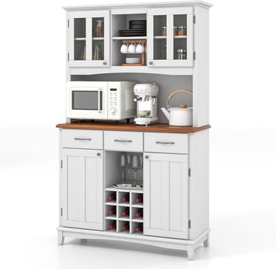 COSTWAY Keukenkast, keukenbuffet met 3 laden, wijnrek, open planken en werkblad, buffetkast, hoge kast met verstelbare planken, 112 x 43 x 184,5 cm, wit
