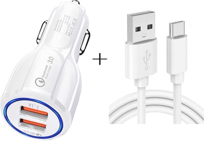 Autolader met 2X USB 3.0 Poort 30W Snellader + 1M USB-C kabel - Auto telefoon oplader - sigarettenaansteker - universeel - wit