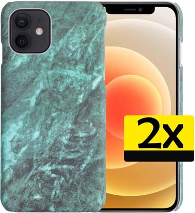 Hoesje Geschikt voor iPhone 12 Mini Hoesje Marmer Case Hard Cover - Hoes Geschikt voor iPhone 12 Mini Case Marmer Hoesje Backcover - Groen - 2 Stuks