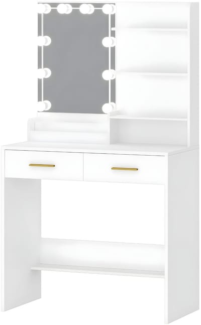 Kaptafel – Voor Slaapkamer – Dressing Table met Spiegel, LED-Verlichting, Dimbaar, 2 Lades, 4 Planken en 2 Open Vakken – Modern Design