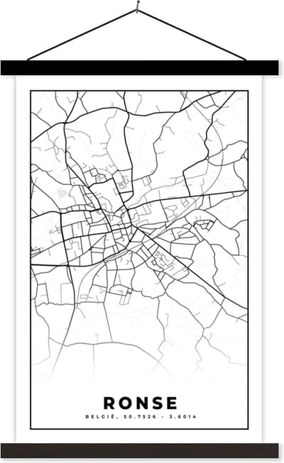 Posterhanger incl. Poster 40x60 cm - Schoolplaat - Plattegrond – Ronse – Zwart Wit – Stadskaart - Kaart - België - Textielposter - Zwarte latten - Stadskaart