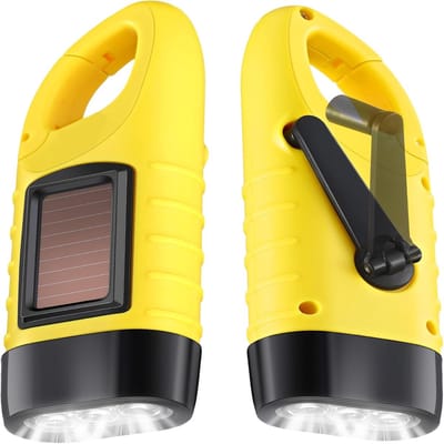 QTTVBTNA - Opwindbare Zaklamp - Hand Crank Zaklamp - Noodverlichting - Zaklamp Survival - Zonne-energie - Carabiner - voor Buiten, Wandelen, Camping - Geel - 2 Stuks