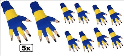 5x Paar vingerloze handschoen blauw/geel - Thema feest festival party evenement carnaval