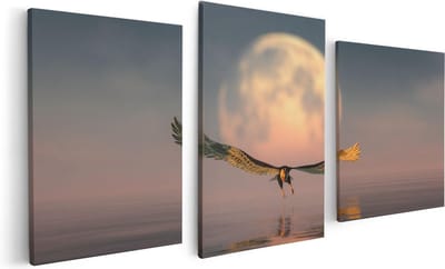 Artaza Canvas Schilderij Drieluik Adelaar boven het Water bij de Maan - 120x60 - Foto Op Canvas - Canvas Print