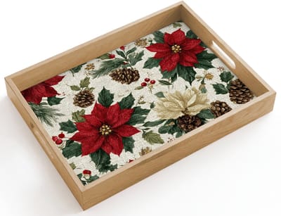 Dienblad hout 40x30 cm - Schootdienblad - Feestelijk - Textielpatroon - Kerstbloemen - Kleurrijk - Borrelplank rechthoek - Plateau dienbladen
