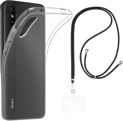Set met hoesje en nekband voor xiaomi redmi 9a - Flexibele, transparante TPU-bescherming, verstelbare universele nekband voor mobiele telefoons, zwarte nekband, transparante draagriem van Phonillico®