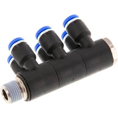 4mm x R1/8'' 6-way Manifold Messing/PA 66 Insteekfitting Buitendraad Draaibaar NBR