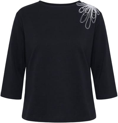 Ulla Popken - Dames - Sweatshirt borduursel boothals 3/4-mouwen - Zwart - Maat 58+