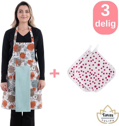 Tulipa Master Keukenschort 75 x 55 cm - met 1 Handdoek en 2 Pannenlappen met Paars Stippels - Bruin Love - Professioneel Verstelbaar Kookschort - Horecakwaliteit - Keukenschort Dames - Kerstcadeau