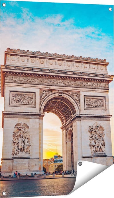 Gards Tuinposter Arc de Triomphe in Parijs met Zonsondergang - 60x90 cm - Tuindoek - Tuindecoratie - Wanddecoratie buiten - Tuinschilderij