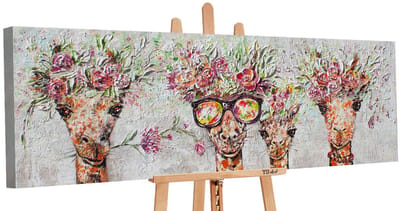 Canvas schilderij panoramisch handgeschilderd giraffen dieren savanne – YS-Art Gallery – Unieke wanddecoratie voor woonkamer – Bijzonder schilderij voor kinderkamer en hal
