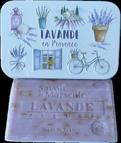 Metalen zeepblik met opdruk Lavande en Provence met Marseillezeep Lavendel 100 gram