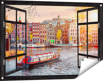 Gards Tuinposter Doorkijk Amsterdamse Huisjes vanaf de Grachten - 90x60 cm - Tuindoek - Tuindecoratie - Wanddecoratie buiten - Tuinschilderij