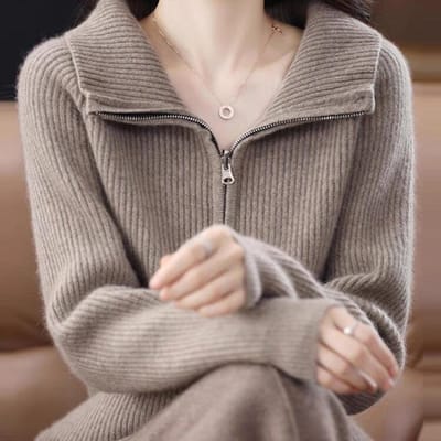 Nieuw Vest Dames Revers Rits Effen Kleur Jas Los Verslankend Kasjmier Gebreide Trui XL gray