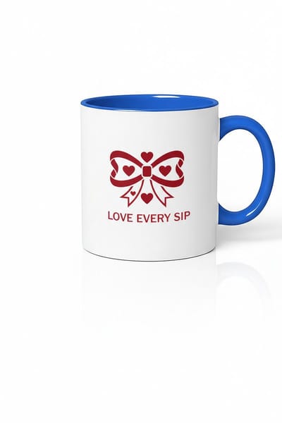 Romantische Koffiemok 'Love Every Sip' met Rood Hartjes Strik Design - Wit & Blauw