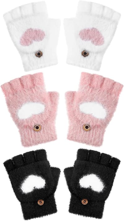 3 Paar Omkeerbare Flip-Top Hart Vingerloze Handschoenen voor Kinderen (Zwart, Roze, Wit) - Geschikt voor 5-10 Jaar, Warm en Comfortabel