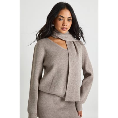 boohoo Dames Chunky Rib Boxy Fit Trui en Sjaal 2-delig | Taupe | Maat: Large