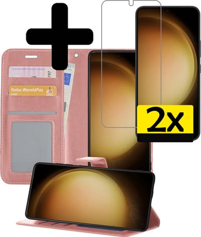 Hoesje - Met 2x Screenprotector - Geschikt voor Samsung Galaxy S23 Plus - Luxe Pasjeshouder - Bookcase Portemonee - Flip Case - Kunstleer Book Case - Flipcase Hoes - Book Cover - Walletcase - Portemonneehoes - Telefoonhoesjes - Rosé goud