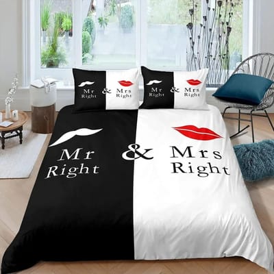 Meneer Mevrouw Dekbedovertrek Set Grappig Zwart Rood Creatief Eenpersoons Beddengoed Set Microfiber Liefde Man Snor Vrouw Lip Romantiek Dekbedovertrek AU Single 140x210cm