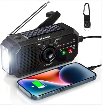 PolkaHome Draagbare Zwengelradio op Zonne-Energie - 2500 mAh Dynamo-Radio met AM/FM, SOS-Alarm, Oplaadbare Powerbank, Kompas en Type-C Opladen - Ideaal voor Outdoor Reizen, noodradio solar opwindbaar