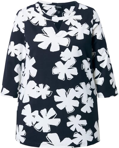 Ulla Popken - Dames - Shirt bloemen A-lijn ronde hals keyhole 3/4-mouwen - Off-white - Maat 42+